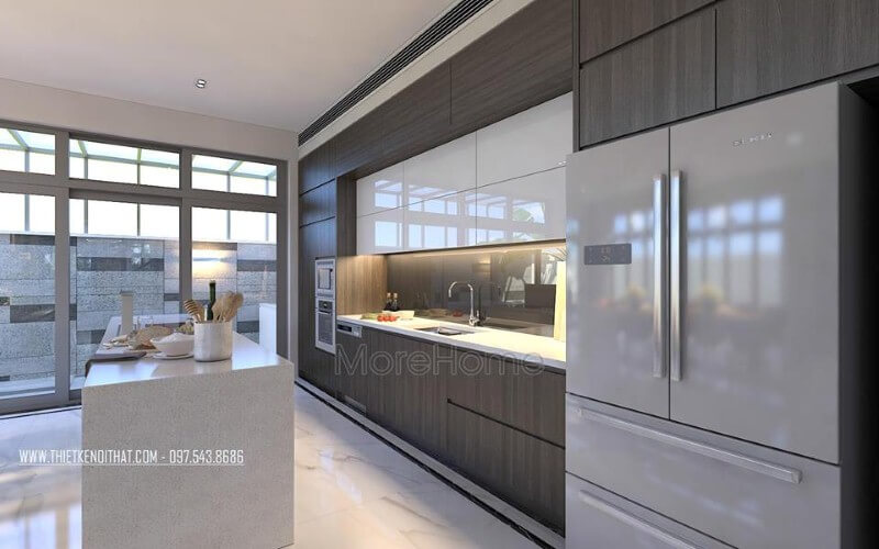 Bàn đảo đá Vicostone trắng cao cấp lựa chọn ấn tượng cho không gian bếp hiện đại, sang trọng. Đá ốp bếp