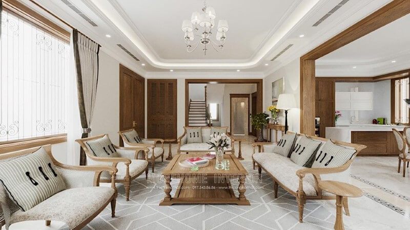 Bộ sofa gỗ tân cổ điển cho phòng khách được thiết kế với đường cong tân cổ điển truyền thống