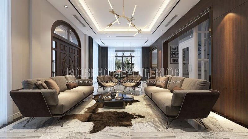 Mẫu sofa biệt thự đẹp được thiết kế cách điệu, chất liệu khung gỗ tự nhiên cao cấp, kết hợp chân sắt phun sơn tĩnh điện tạo cảm giác thoải mái nhưng không kém phần vững chãi, chắc chắn
