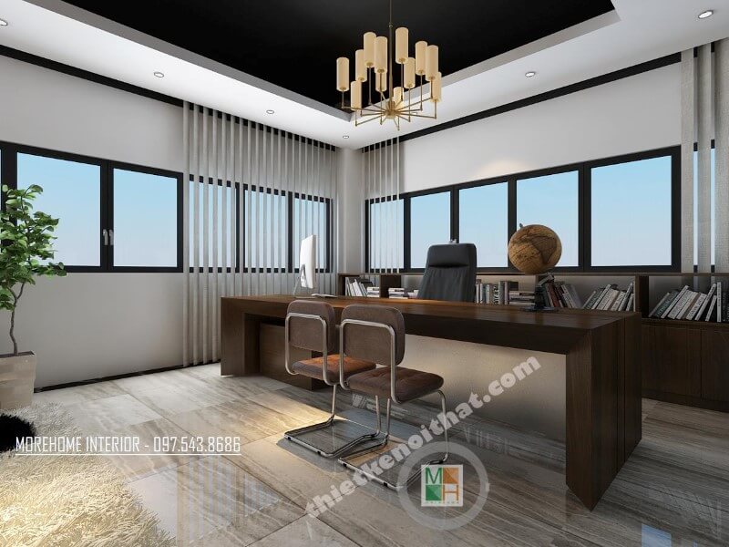 Mẫu thiết kế văn phòng làm việc hiện đại sử dụng gỗ công nghiệp cao cấp làm đồ nội thất