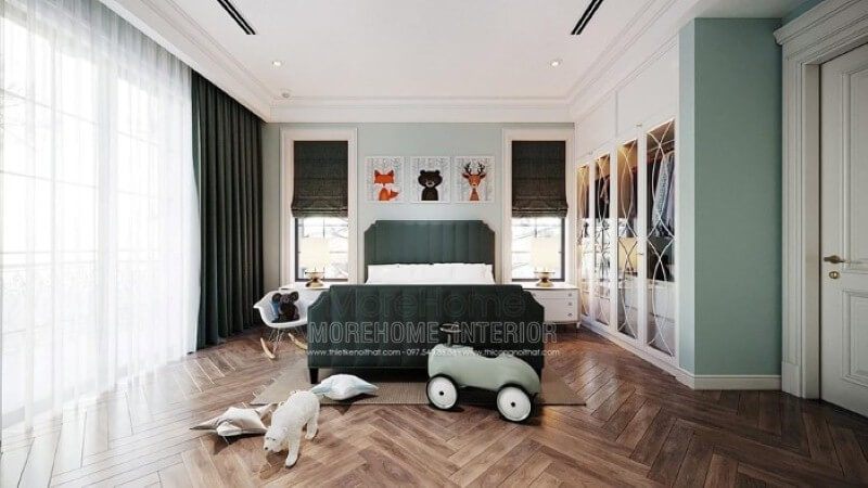 Giường ngủ bọc nệm màu xanh đẹp độc đáo cho phòng bé trai.