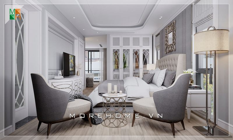 Mẫu thiết kế phòng ngủ tân cổ điển với sắc trắng chủ đạo tôn vẻ sang trọng cho căn phòng ngủ biệt thự, nhà phố.