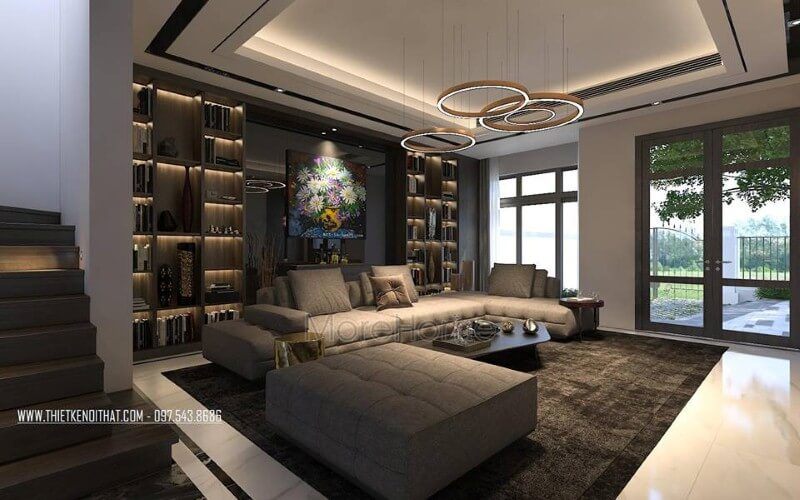 Sắp xếp nội thất phòng khách ấn tượng với phong cách hiện đại sang trọng cùng sắc trầm chủ đạo.