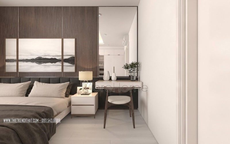 Thiết kế phòng ngủ hiện đại, đẹp với gương trang trí, tranh treo tường canvas, đèn bàn cao cấp.