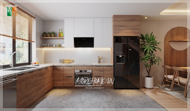 Tủ bếp chữ L gỗ công nghiệp mặt đá hiện đại có thiết kế bo góc và sát tường, mang đến một vẻ đẹp tinh tế và thẩm mỹ, phù hợp với mọi không gian nhà.